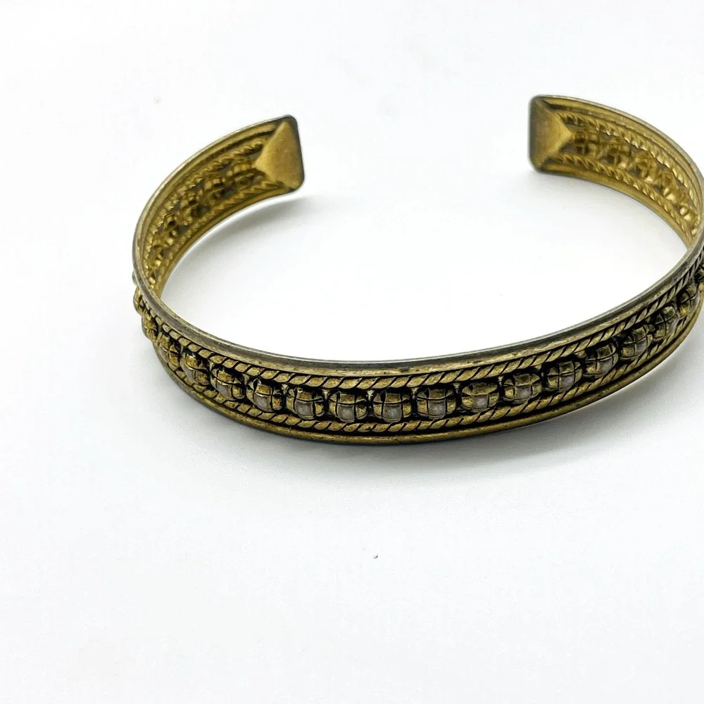 Vintage Gold Tone Cuff Bracelet Lot of 2 Etched Open Bangle Boho Statement